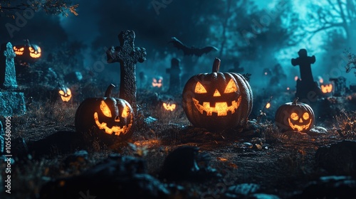 Pumpkins in a Spooky Graveyard at Night Halloween Scene