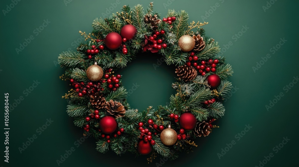 Christmas wreath adorned with red and gold decor on a green backdrop featuring a top view and ample copy space Christmas wreath adorned with red and gold decor on a green backdrop featuring a top view and ample copy space