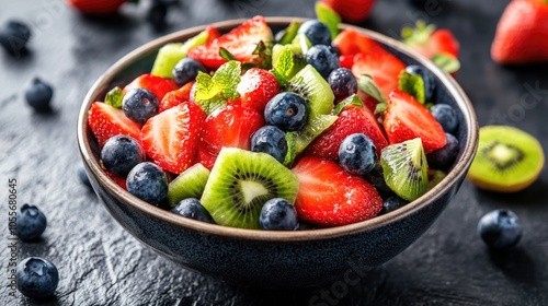 Colorful fruit salad featuring strawberries blueberries and kiwi served in a bowl