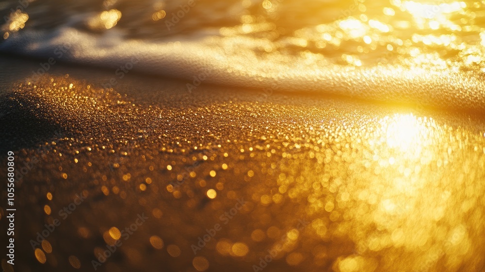 Golden beach sand illuminated by morning light with sea water washing over it captured in low angle closeup featuring an abstract shallow depth of field and selective focus on a few grains Golden beach sand illuminated by morning light with sea water washing over it captured in low angle closeup featuring an abstract shallow depth of field and selective focus on a few grains