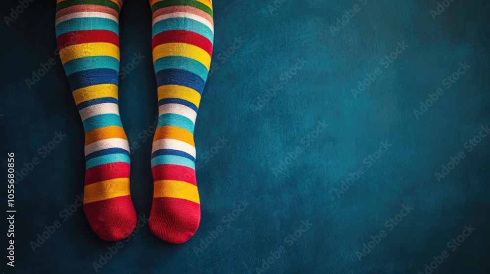 Legs adorned with striped socks against a backdrop featuring ample copy space Concept of Down syndrome awareness and celebration Legs adorned with striped socks against a backdrop featuring ample copy space Concept of Down syndrome awareness and celebration