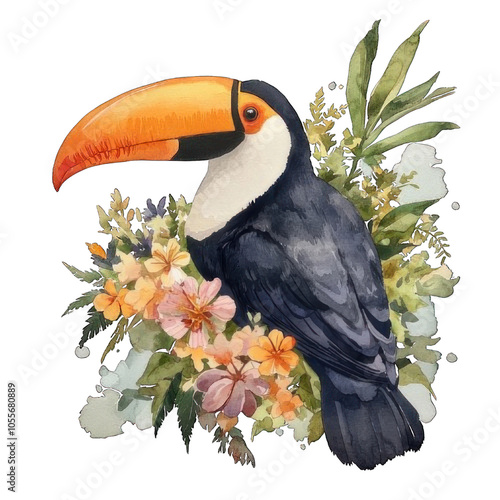 Collection of PNG. Watercolor painting of a toucan sits on a branch with tropical flowers, isolated on a transparency background. photo