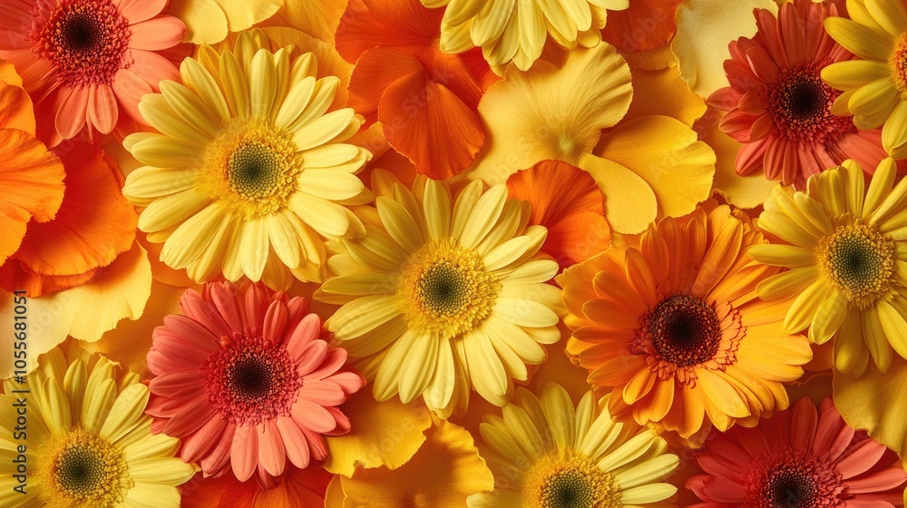 Vibrant arrangement of yellow and orange gerbera flowers with petals embodying the essence of autumn Flat lay style perfect for a greeting card design Vibrant arrangement of yellow and orange gerbera flowers with petals embodying the essence of autumn Flat lay style perfect for a greeting card design