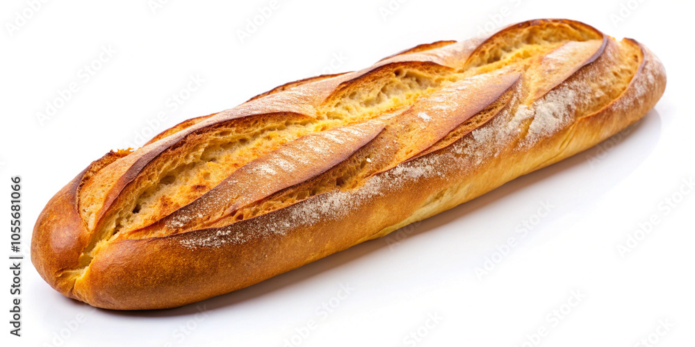 Golden brown baguette loaf, freshly baked, isolated on white background for culinary presentation Golden brown baguette loaf, freshly baked, isolated on white background for culinary presentation