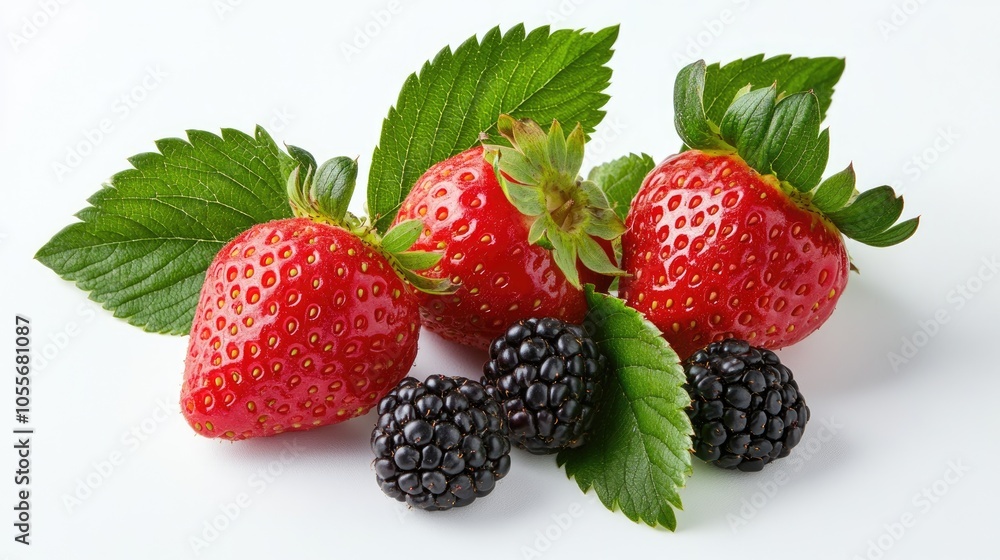 Fresh strawberries and blackberries adorned with vibrant green leaves on a white background ideal for healthy eating and dessert themes Fresh strawberries and blackberries adorned with vibrant green leaves on a white background ideal for healthy eating and dessert themes