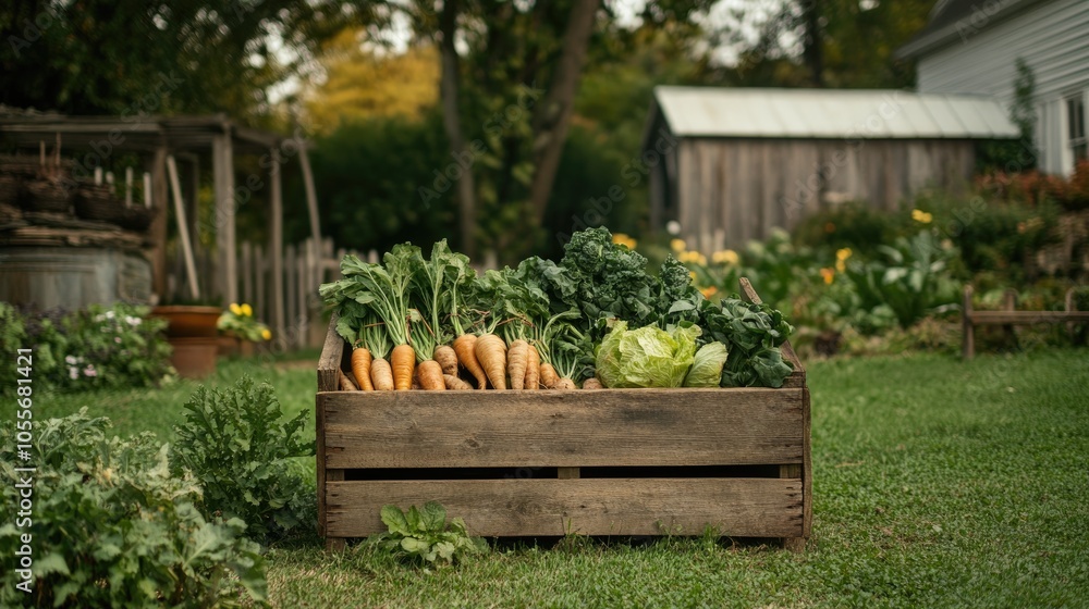 A farmer showcases a wooden box filled with seasonal organic vegetables and roots set against a rustic backyard backdrop A farmer showcases a wooden box filled with seasonal organic vegetables and roots set against a rustic backyard backdrop