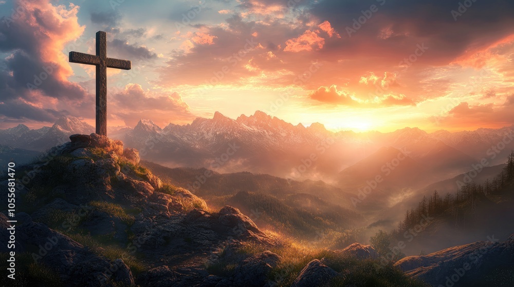 Obraz premium Cross overlooking a mountain landscape with a dramatic sunset sky