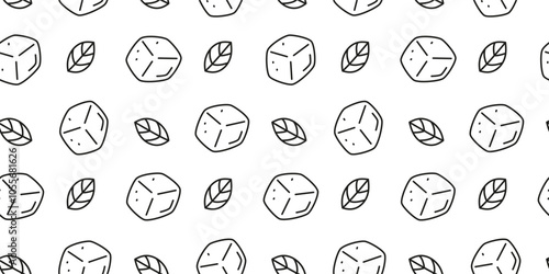 Black and white seamless pattern with doodle outline ice cubes and mint leaves. Fresh natural background.