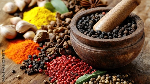 Mortar and pestle featuring a variety of spices and pepper photo