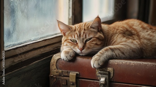 Striped cat resting on a suitcase near a window