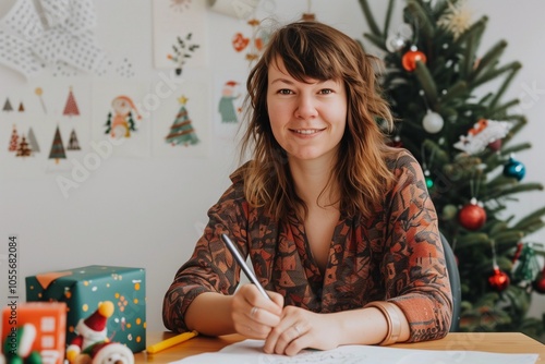 girl sitting at a table and smiling in a room decorated for New Year's Eve
