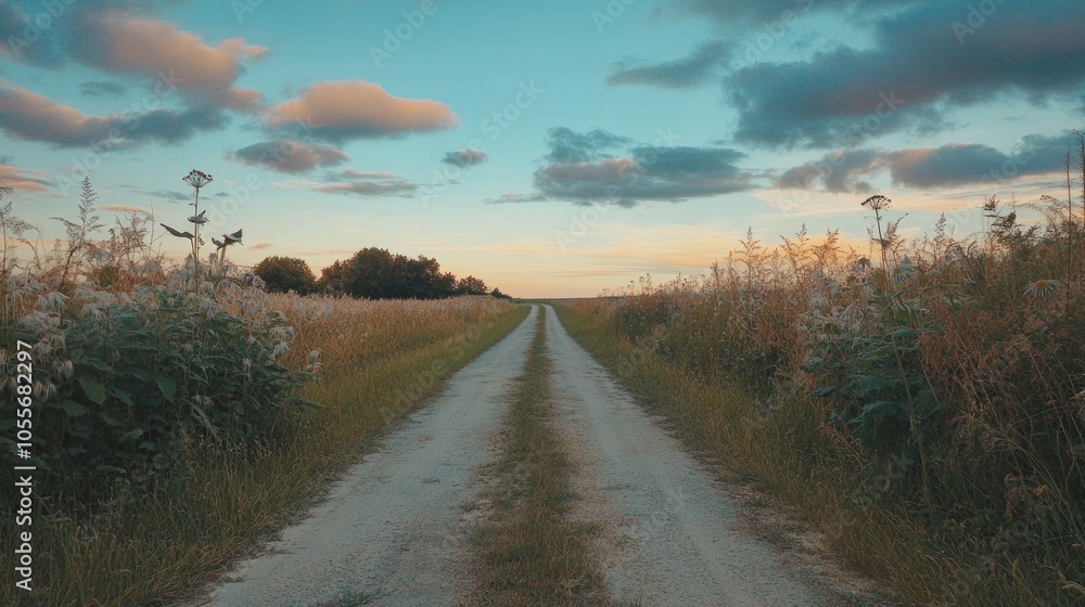 Concrete grass covered road winds through an uninhabited field featuring large toxic hogweed against a backdrop of a blue sky and clouds during sunset Rural scenery Concrete grass covered road winds through an uninhabited field featuring large toxic hogweed against a backdrop of a blue sky and clouds during sunset Rural scenery