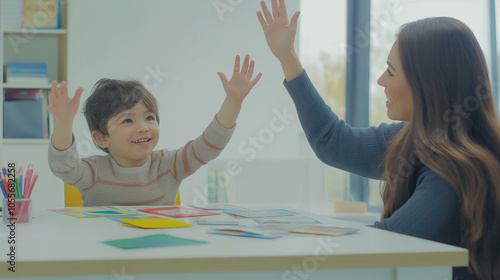A young teacher or doctor teaching to a little boy with autistic disorder. autism awareness, ABA development therapy, spectrum disorder concept. 