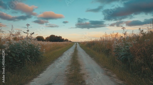 Concrete grass covered road winds through an uninhabited field featuring large toxic hogweed against a backdrop of a blue sky and clouds during sunset Rural scenery