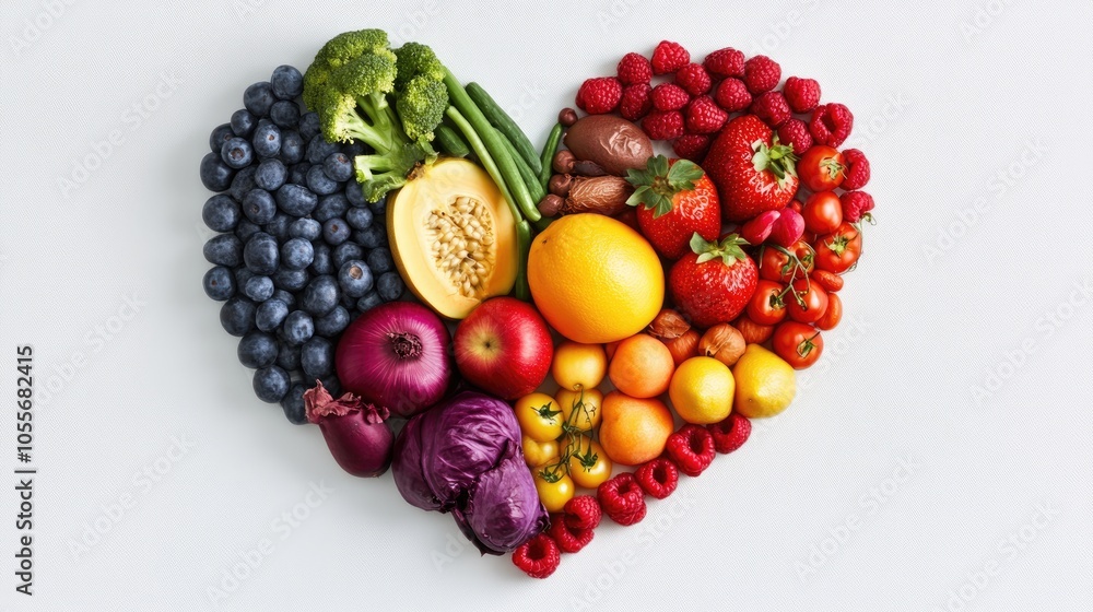 Heart shape created using various fruits and vegetables on a white background Heart shape created using various fruits and vegetables on a white background