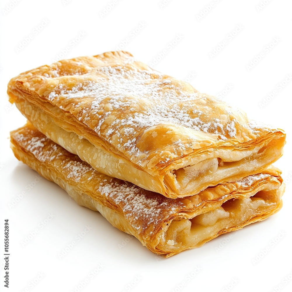 Apple strudel with powdered sugar on white background. Apple strudel with powdered sugar on white background.