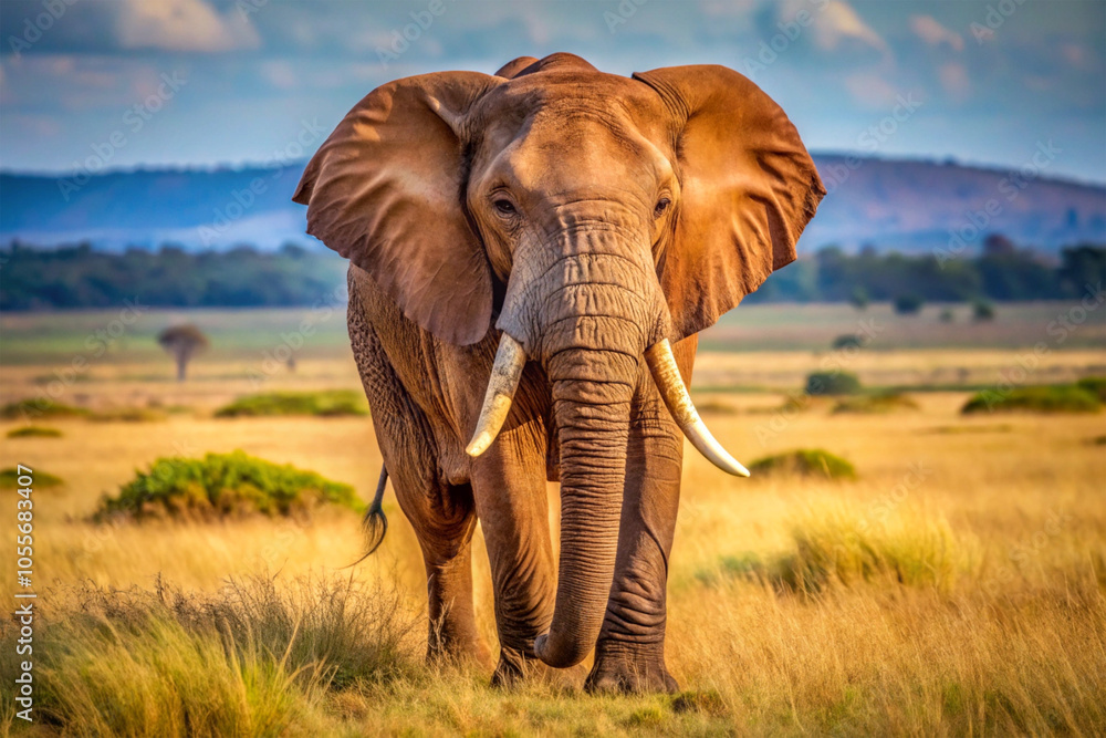 Naklejka premium Large African elephant walking gracefully, ears flared, against open savannah landscape.