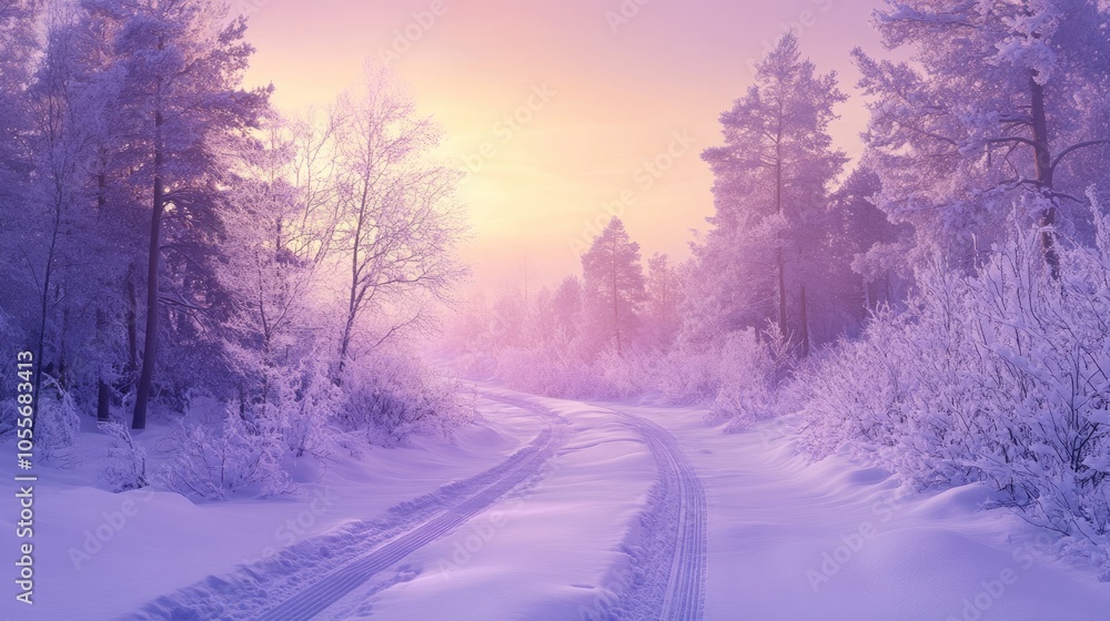 Winter panorama banner featuring a snow covered forest trees and road at sunrise A serene winter morning landscape showcasing a purple hue perfect for New Year and Christmas themes Winter panorama banner featuring a snow covered forest trees and road at sunrise A serene winter morning landscape showcasing a purple hue perfect for New Year and Christmas themes