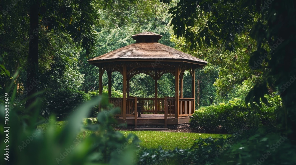 Wooden gazebo nestled among lush greenery in a park environment Wooden gazebo nestled among lush greenery in a park environment