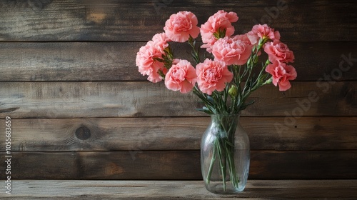 Pink carnation bouquet in a glass vase set against a rustic wooden backdrop ideal for celebrations and greetings