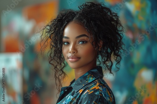 Portrait of a confident woman with curly hair in colorful artistic setting