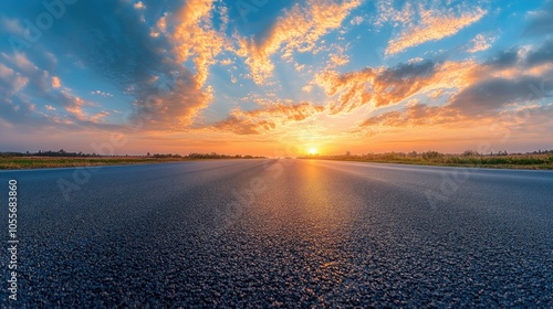 Panoramic view of an empty asphalt road under a scenic sunset sky High quality image