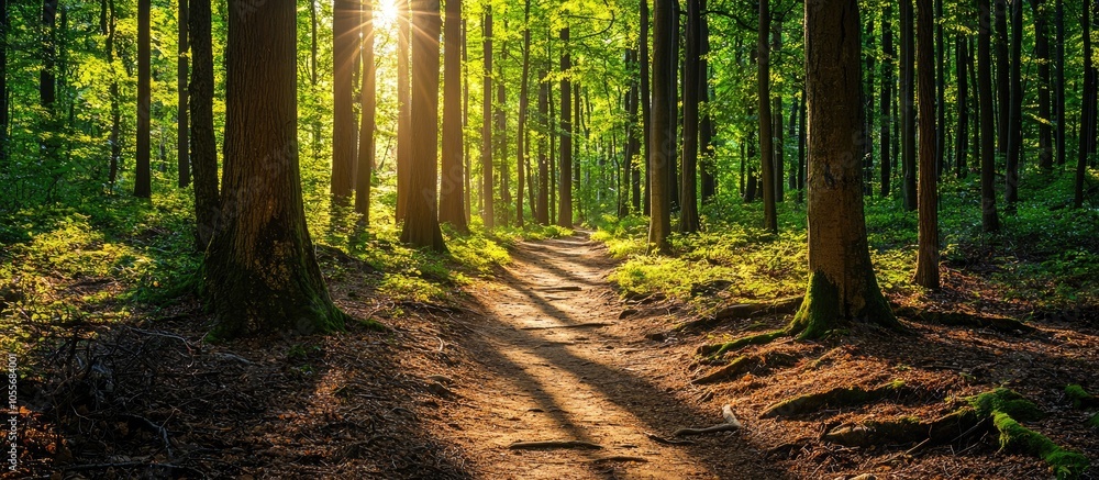 Fototapeta premium Deciduous Forest With Big Trees And A Hiking Trail