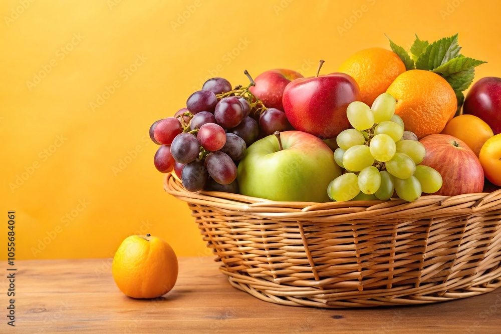 A basket filled with a variety of colorful fruits including apples, oranges, and grapes arranged on a bright yellow background, snack time, healthy snacks A basket filled with a variety of colorful fruits including apples, oranges, and grapes arranged on a bright yellow background, snack time, healthy snacks