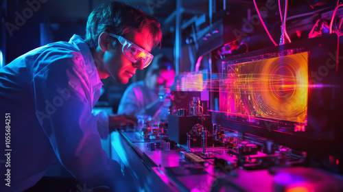 Engineers testing 6G wireless technology prototypes in a lab, with advanced network equipment and holographic data transmissions