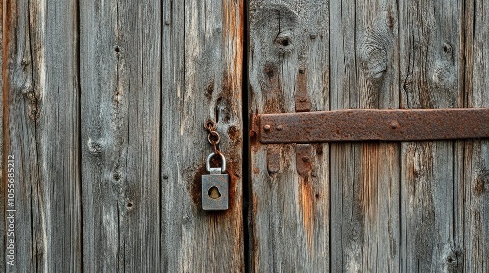 Weathered wooden barn doors featuring a small lock attached by a chain Weathered wooden barn doors featuring a small lock attached by a chain