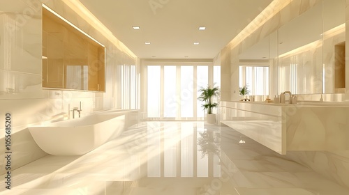 57. Panoramic view of a contemporary bathroom with clean lines, a double vanity, and marble finishes