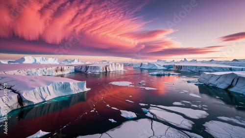 Fototapeta Naklejka Na Ścianę i Meble -  Icebergs under vibrant pink skies at sunset.