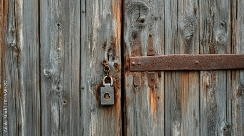 Weathered wooden barn doors featuring a small lock attached by a chain