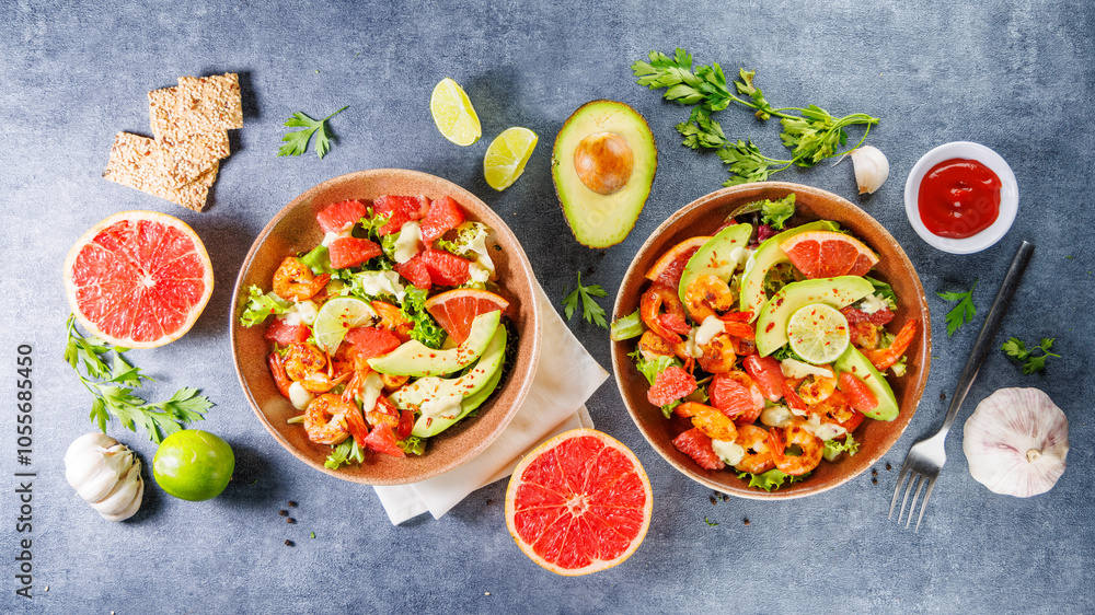 mixed vegetarian salad with avocado, grapefruit and shrimp mixed vegetarian salad with avocado, grapefruit and shrimp