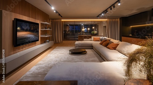 61. Panoramic view of a minimalist living room with a large sofa, soft rug, and a simple wall-mounted TV