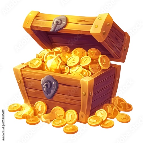 Cartoon treasure chest overflowing with gold coins on a white background.