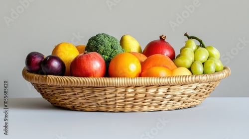 Vibrant fruits and vegetables in a basket on a light surface, with room for text