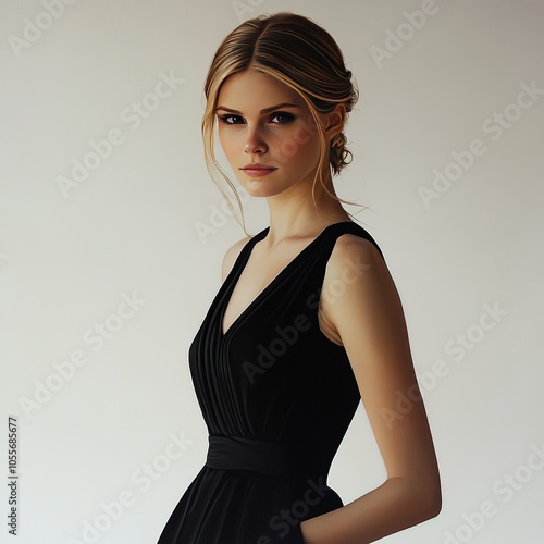 Elegant woman in black evening dress against neutral background.