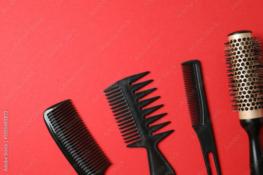 Professional combs and hairdresser tools on color background, top view Professional combs and hairdresser tools on color background, top view