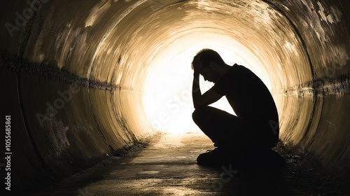 A depressed silhouette man sitting in a dark tunnel with a light at the end. alcoholism or bullying, despair hope, fear failure, anxiety, addiction concepts.