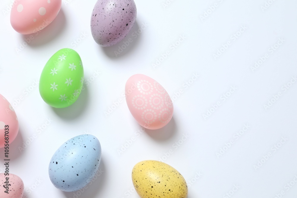 Happy Easter card. Easter eggs and decoration on color background, top view Happy Easter card. Easter eggs and decoration on color background, top view