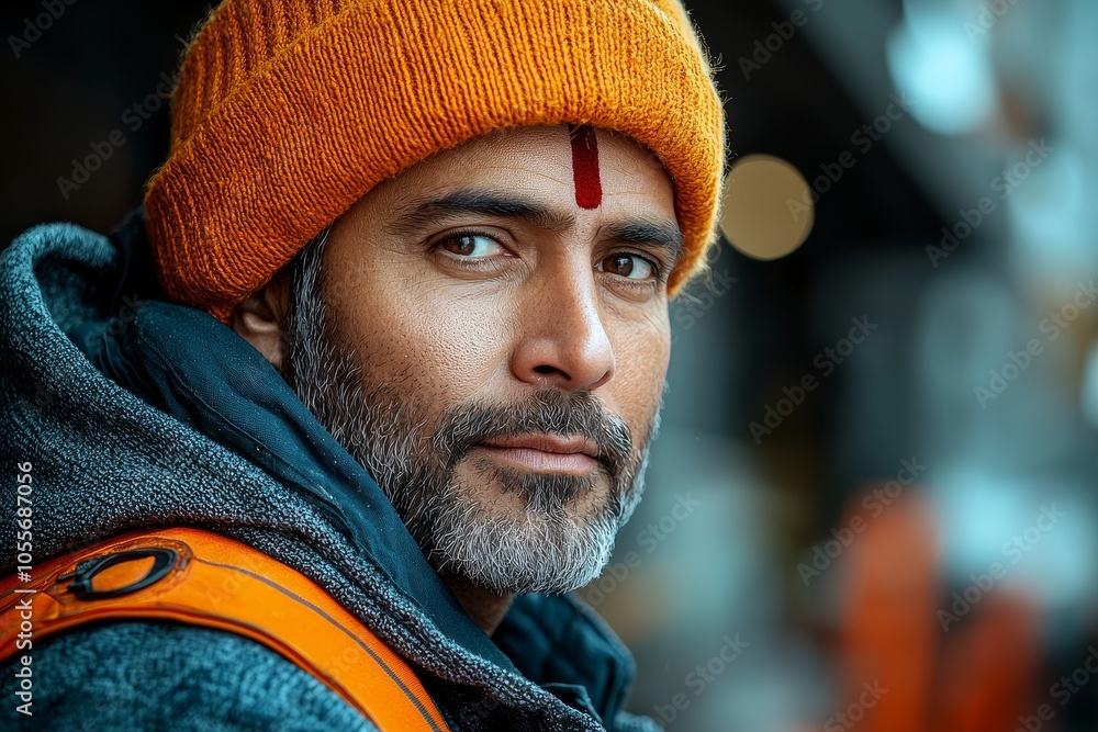 Vibrant portrait of bearded man in orange hat outdoors Vibrant portrait of bearded man in orange hat outdoors