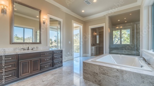 81. Panoramic view of a luxury bathroom with a soaking tub, marble finishes, and a large mirror for an elegant touch