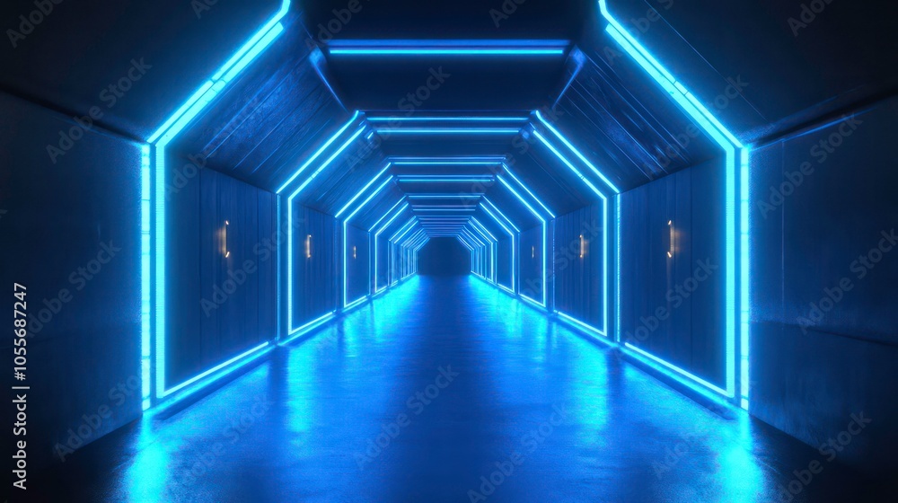 A futuristic hallway illuminated by neon lights, creating a sleek, modern atmosphere. A futuristic hallway illuminated by neon lights, creating a sleek, modern atmosphere.