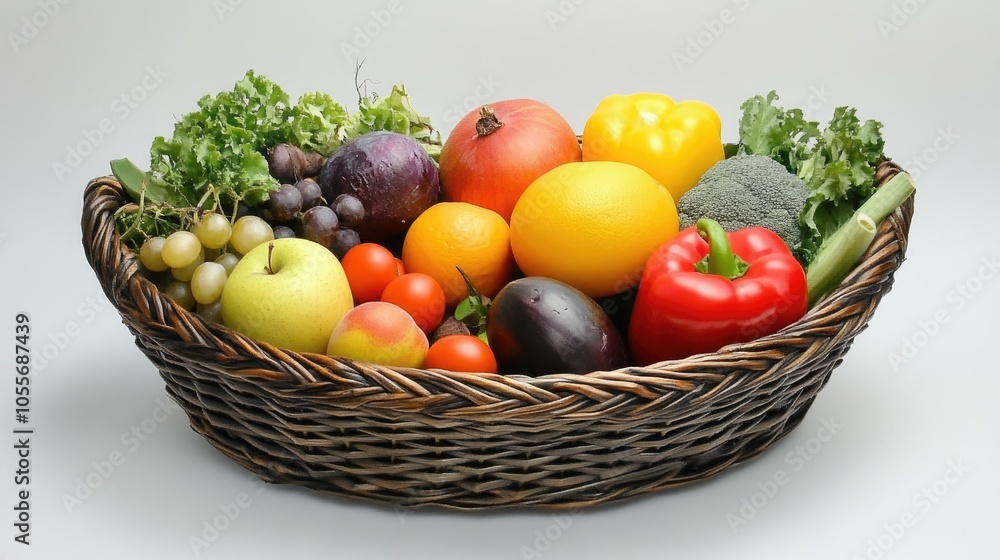 Woven basket filled with fruits and veggies on white surface, with room for supermarket text Woven basket filled with fruits and veggies on white surface, with room for supermarket text