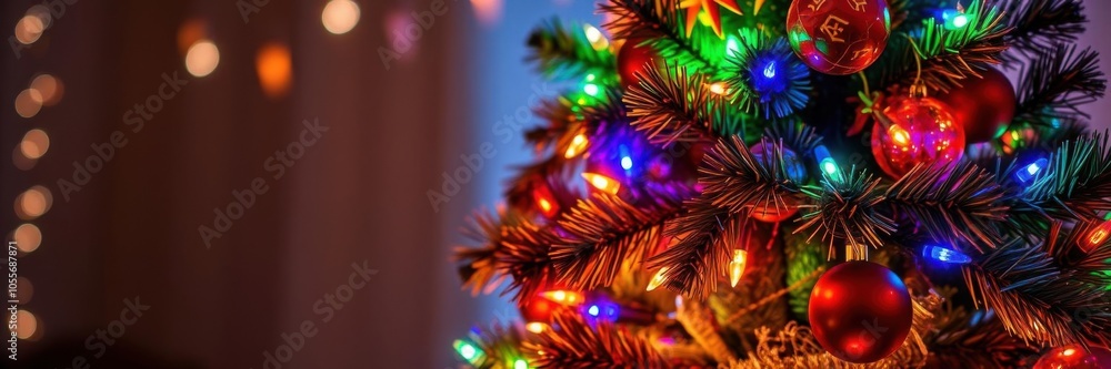 A close-up of colorful Christmas tree lights glowing in the dark, colorful, holiday A close-up of colorful Christmas tree lights glowing in the dark, colorful, holiday
