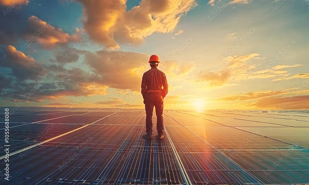 Worker observing sunset over solar panels. Worker observing sunset over solar panels.