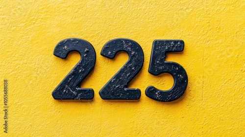 A close-up of the number 225 displayed on a textured yellow wall. photo