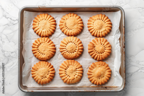 Simple yet elegant butter cookies on a baking sheet, perfectly baked with a warm, golden color and decorative ridges for a classic look. photo