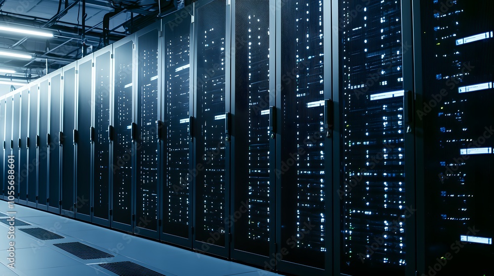 Domain Hosting: A server room with racks of neatly organized servers. Each server represents a different domain, humming with digital activity. Fiber optic cables connect them. (Keywords: hosting, Domain Hosting: A server room with racks of neatly organized servers. Each server represents a different domain, humming with digital activity. Fiber optic cables connect them. (Keywords: hosting,
